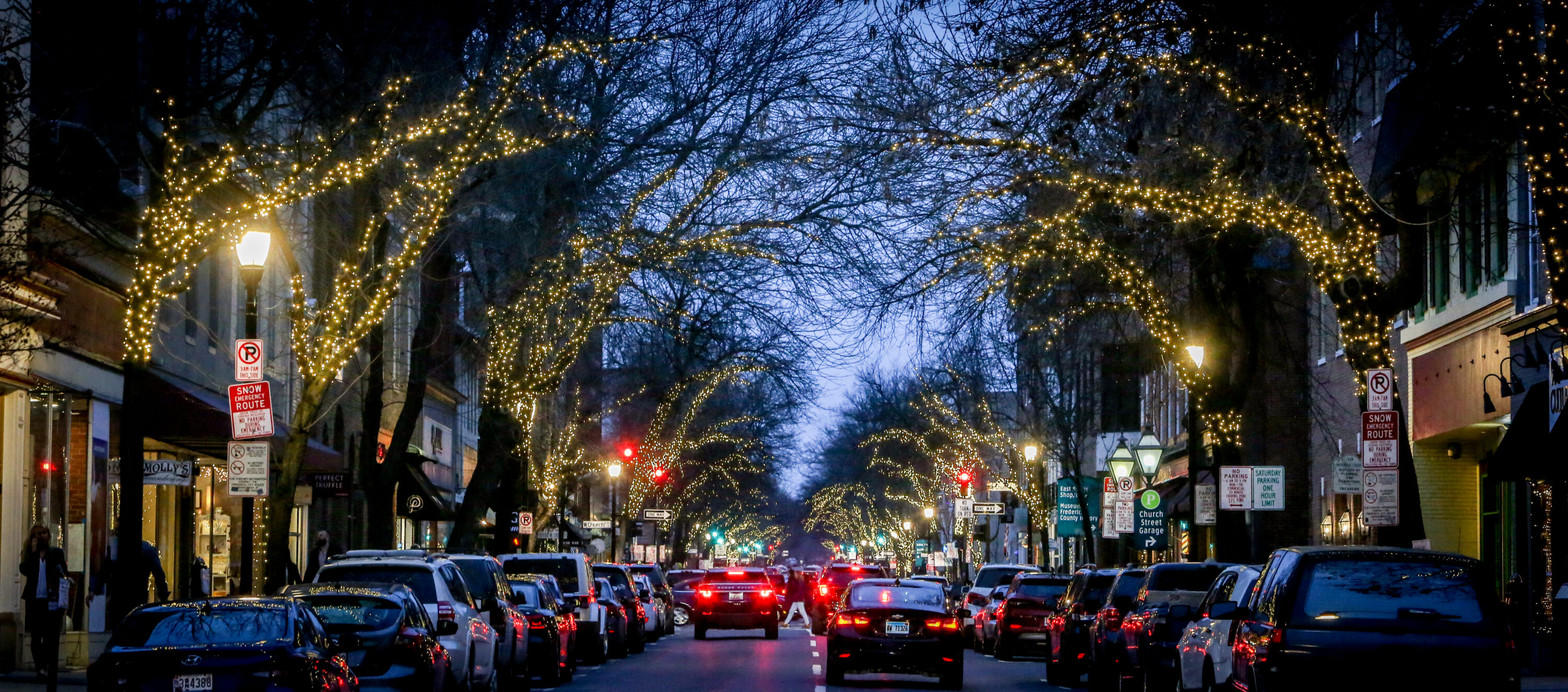 view of a downtown at dusk with light-filled trees stretching over the street